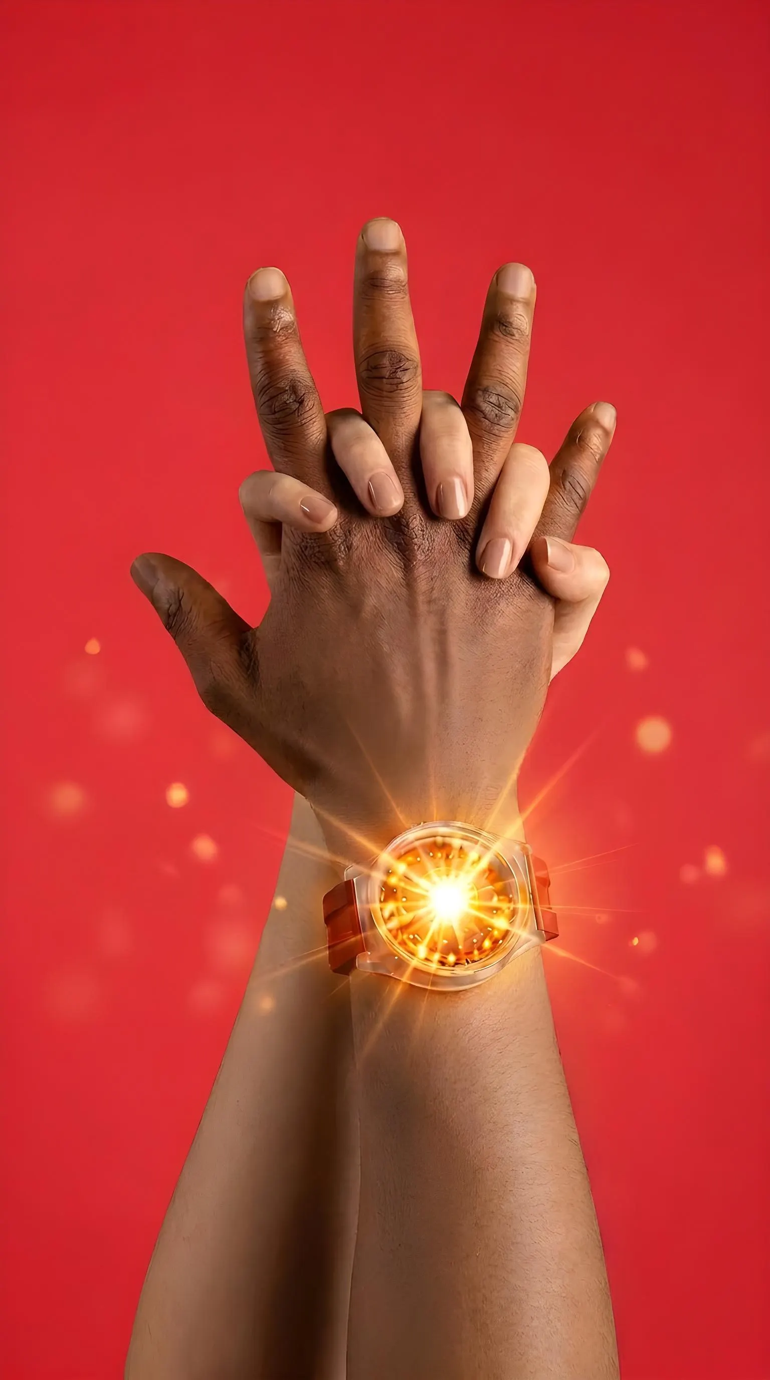 Hands wearing the Vibz wristband, glowing in the dark of a live show